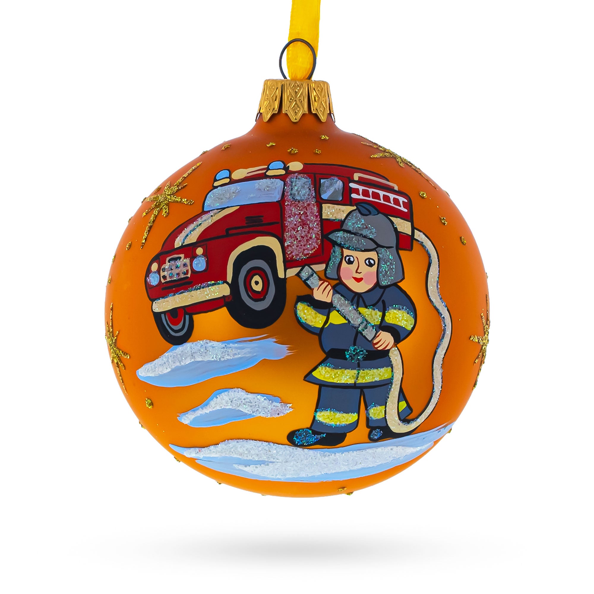 Little Fireman Glass Ball Christmas Ornament 3.25 Inches in Orange color Round