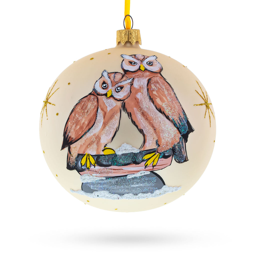 Two Owls Perched in Moonlight Glass Ball Christmas Ornament 4 Inches in Beige color Round