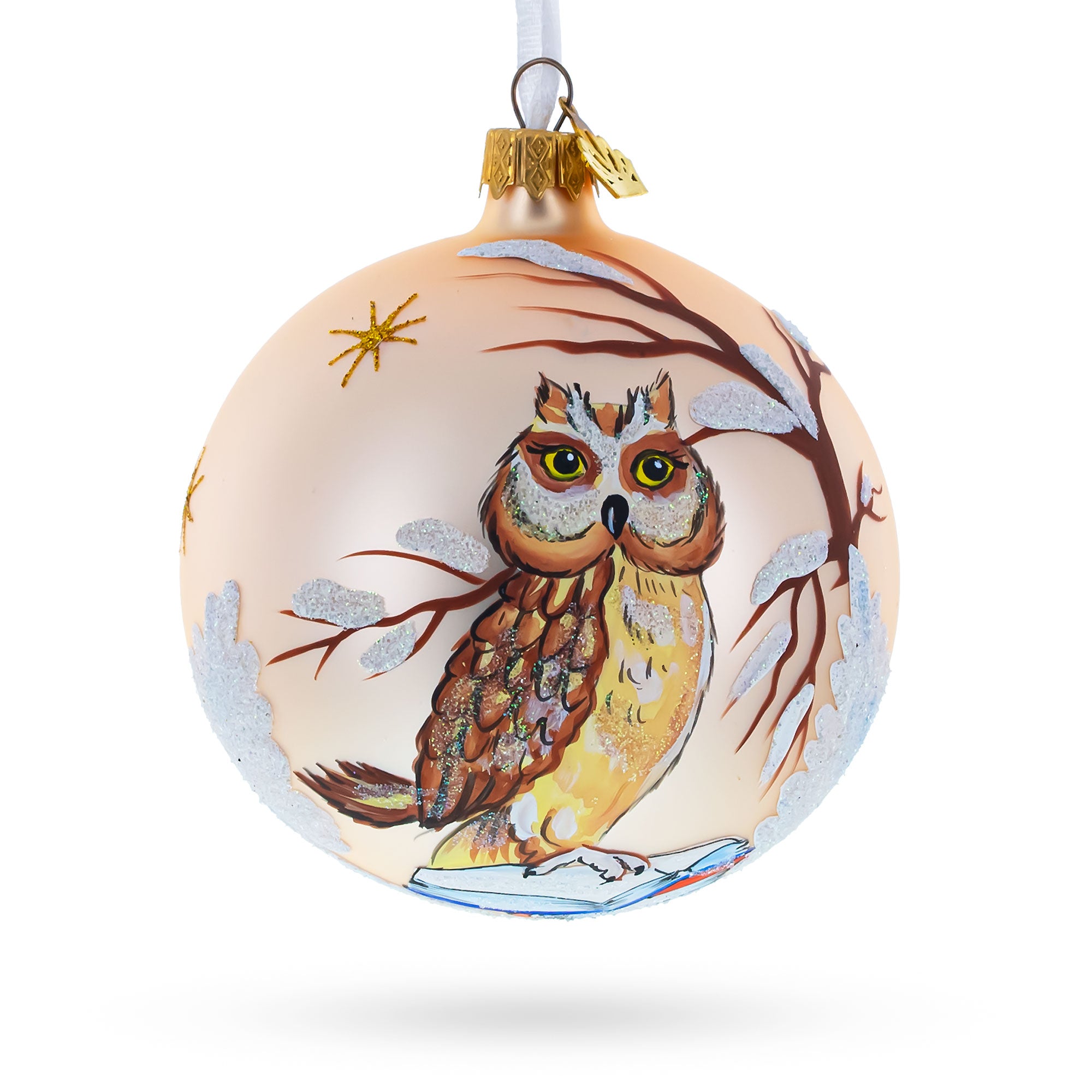 Owl in Snowy Winter Landscape Glass Ball Christmas Ornament 4 Inches in Gold color Round