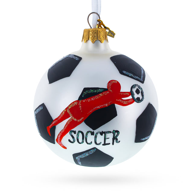 Glass Goal Scorer: Soccer Player in Action Blown Glass Ball Christmas Sports Ornament 3.25 Inches in Multi color Round