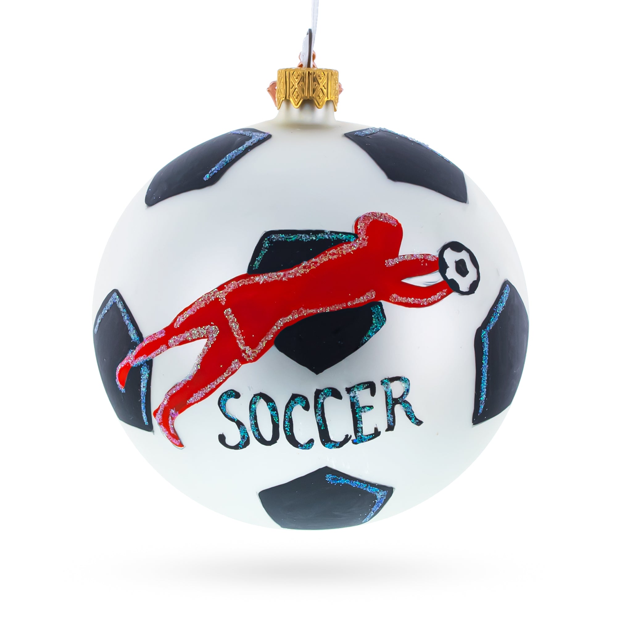 Soccer Player in Action Glass Ball Christmas Sports Ornament 4 Inches in Multi color Round