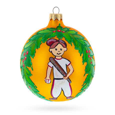 Glass Home Run Hero: Baseball Player in Mid-Swing Blown Glass Ball Christmas Sports Ornament 4 Inches in Orange color Round