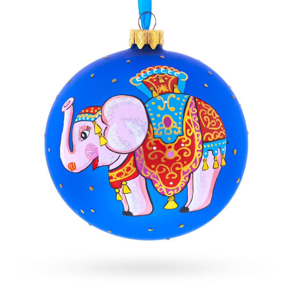 Circus Elephant Performer on Dazzling Glass Ball Christmas Ornament 4 Inches in Blue color Round
