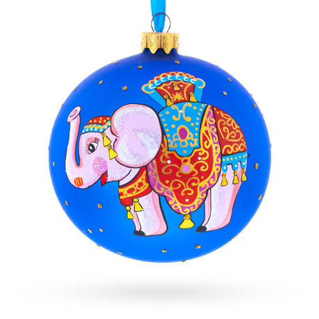 Circus Elephant Performer on Dazzling Glass Ball Christmas Ornament 4 Inches in Blue color Round