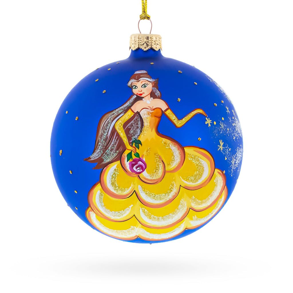 Princess Adorned with a Floral Crown on Luxurious Glass Ball Christmas Ornament 4 Inches in Blue color Round