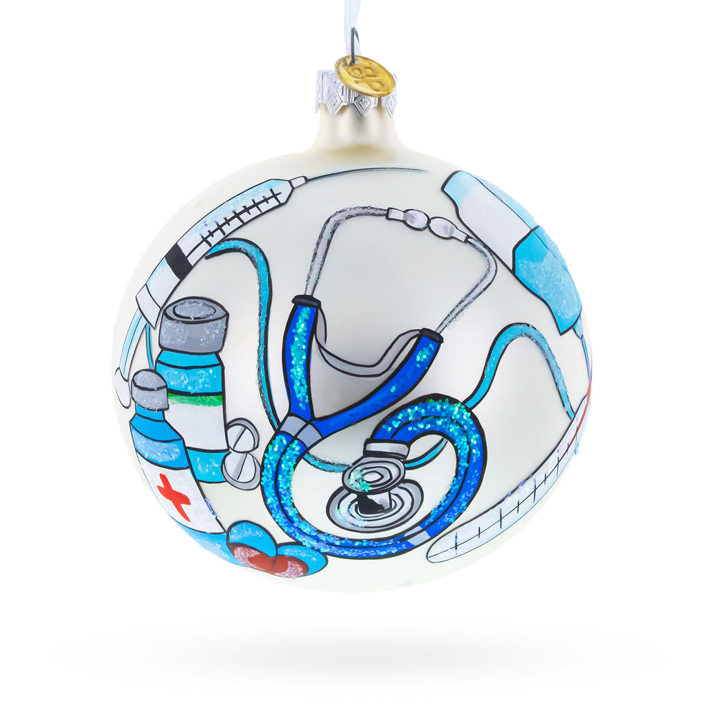 Compassionate Nurse or Doctor on Glass Ball Christmas Ornament 4 Inches in White color Round