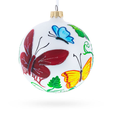 Delicate Butterflies on Glass Ball Christmas Ornament 4 Inches in White color Round
