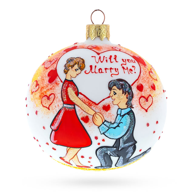 Proposal 'Will You Marry Me?' Glass Ball Christmas Ornament 4 Inches in White color Round