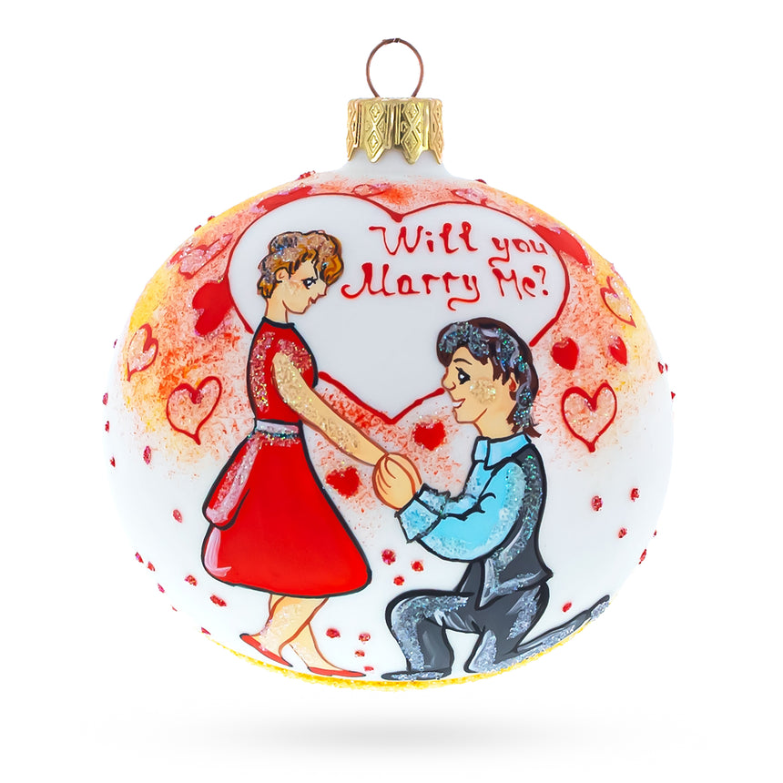 Proposal 'Will You Marry Me?' Glass Ball Christmas Ornament 4 Inches in White color Round