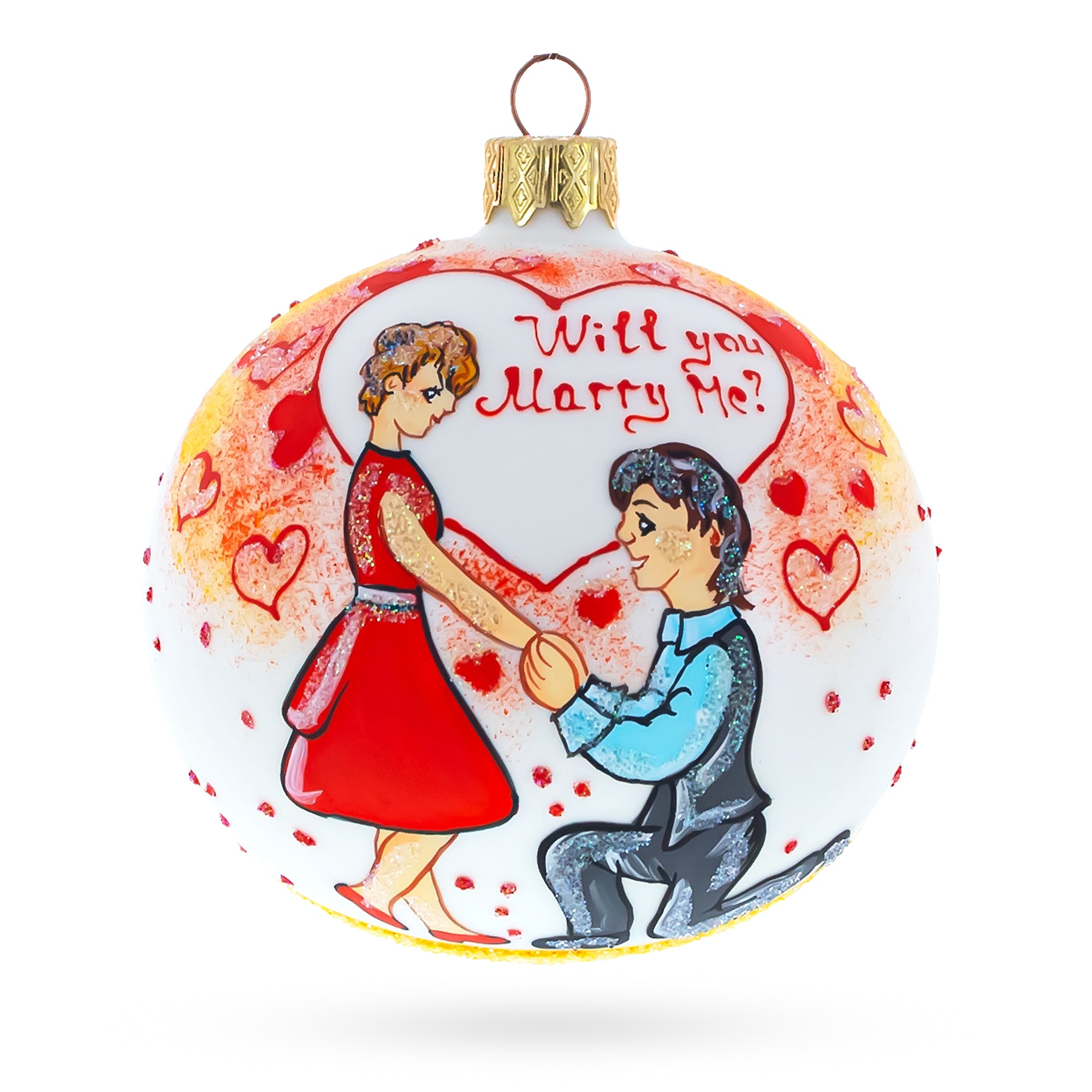 Proposal 'Will You Marry Me?' Glass Ball Christmas Ornament 4 Inches in White color Round