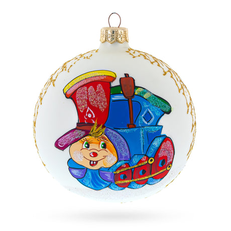 Happy Choo-choo Train Glass Ball Christmas Ornament 4 Inches in White color Round
