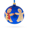 Gingerbread Family with Candy Cane Glass Ball Christmas Ornament 4 Inches in Blue color Round