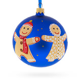 Gingerbread Family with Candy Cane Glass Ball Christmas Ornament 4 Inches in Blue color Round