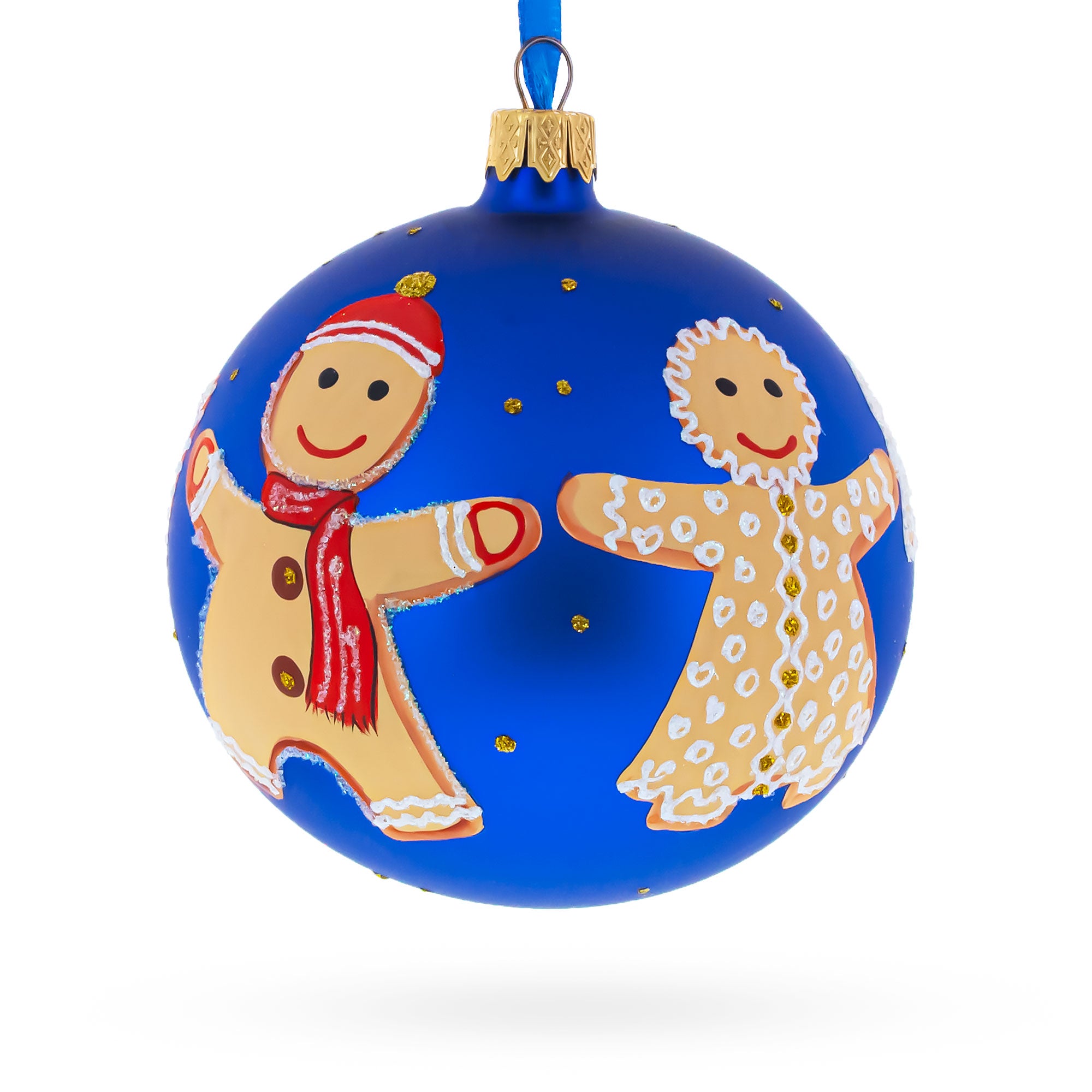 Gingerbread Family with Candy Cane Glass Ball Christmas Ornament 4 Inches in Blue color Round