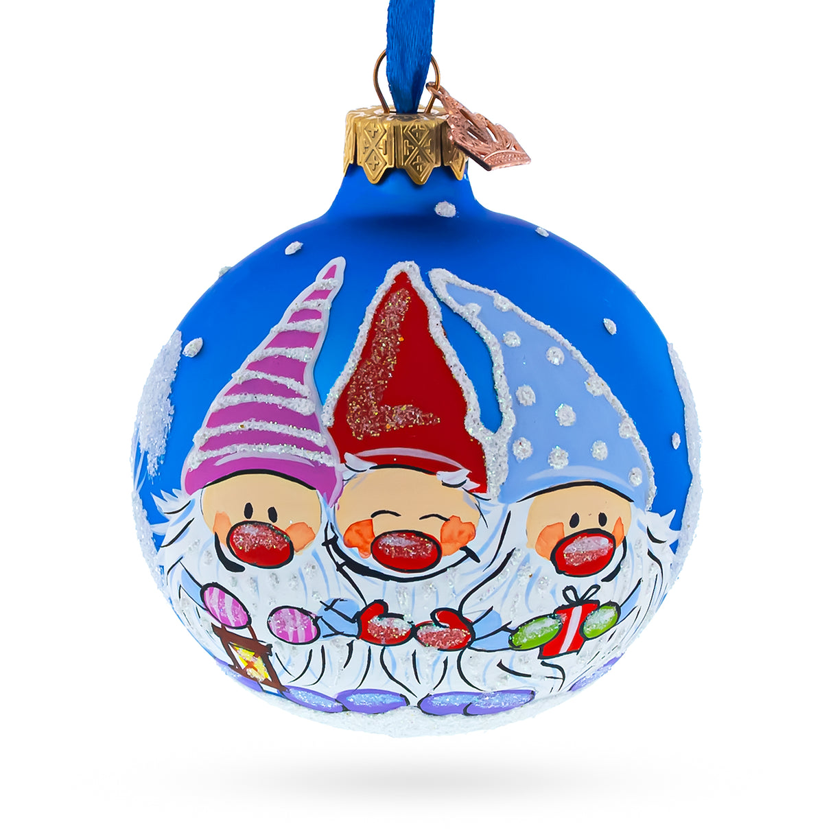 Joyful Trio of Gnomes Blown Glass Ball Christmas Ornament 3.25 Inches in Blue color, Round shape