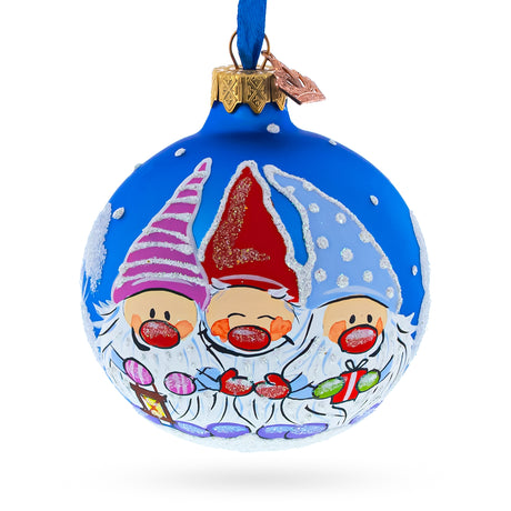 Glass Joyful Trio of Gnomes Blown Glass Ball Christmas Ornament 3.25 Inches in Blue color Round