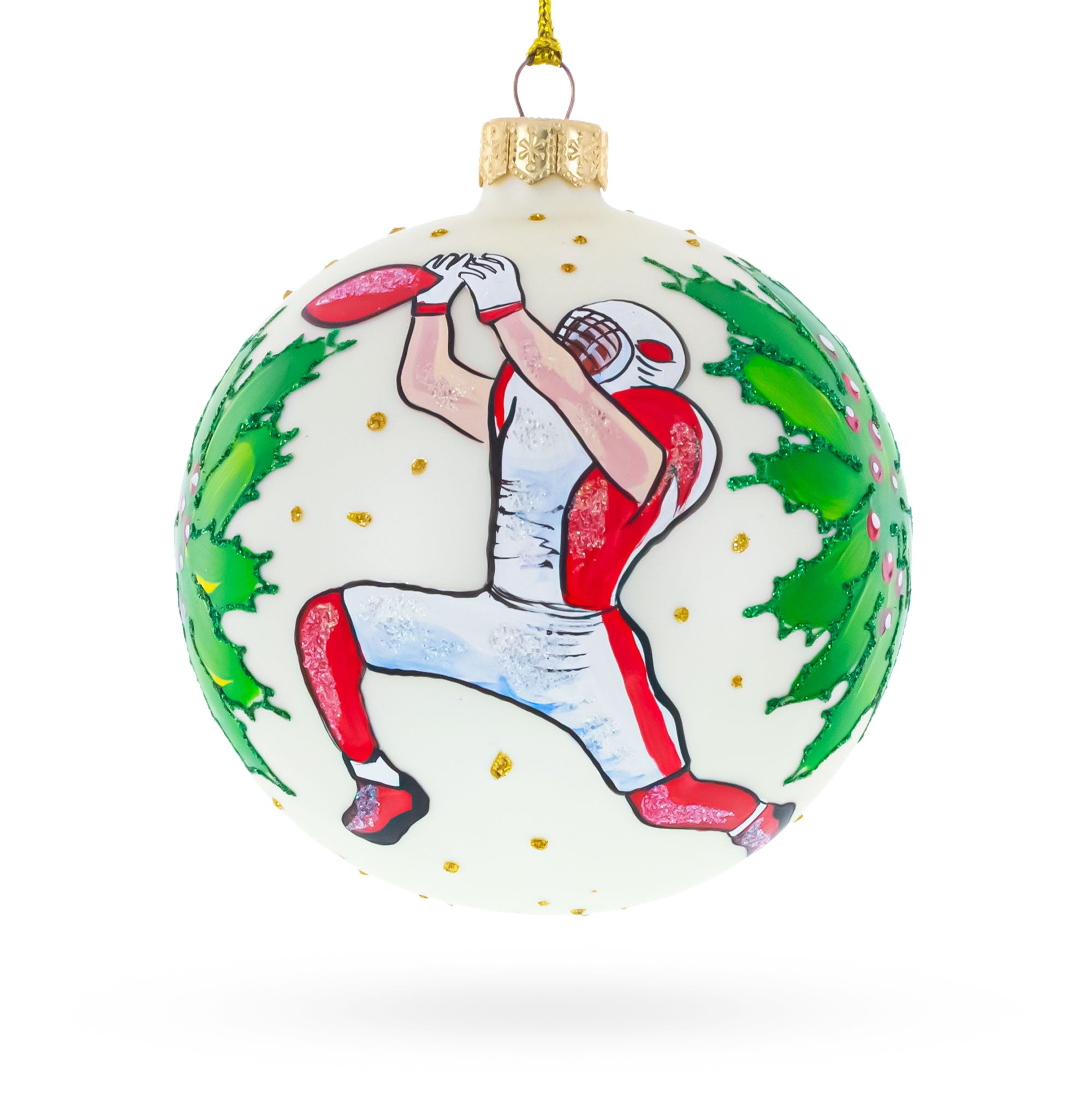 Football Player in Action Glass Ball Christmas Sports Ornament 4 Inches in White color Round