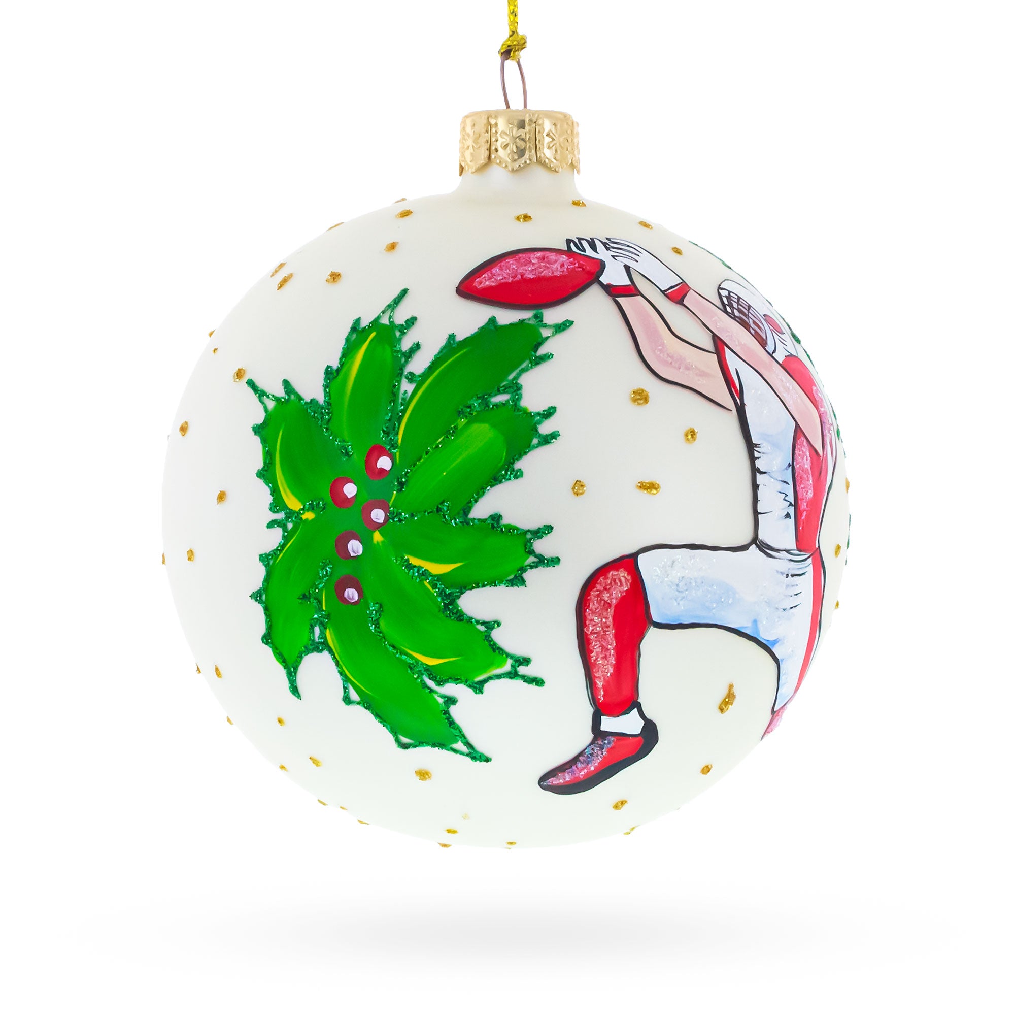 Football Player in Action Glass Ball Christmas Sports Ornament 4 InchesUkraine , dimensions in inches: 4 x 4 x 4