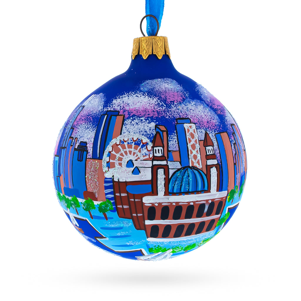 Navy Pier, Chicago, Illinois Glass Ball Christmas Ornament 3.25 Inches in Blue color Round
