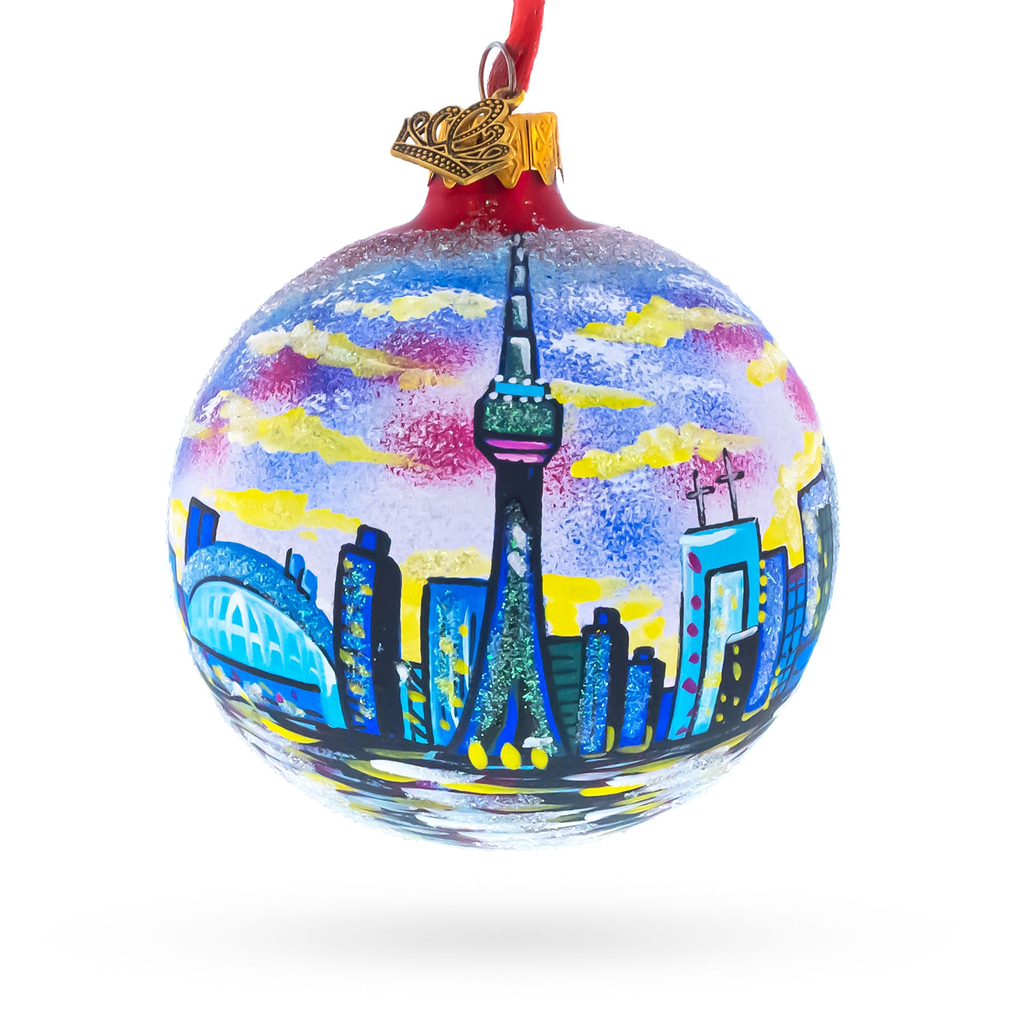 CN Tower, Toronto, Canada Glass Ball Christmas Ornament 3.25 Inches in Multi color Round