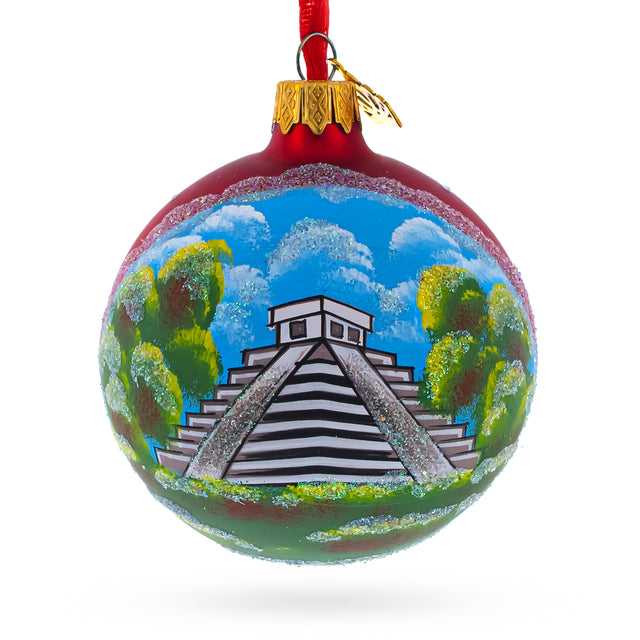 Glass Mayan Pyramid, Mexico Glass Ball Christmas Ornament 3.25 Inches in Blue color Round