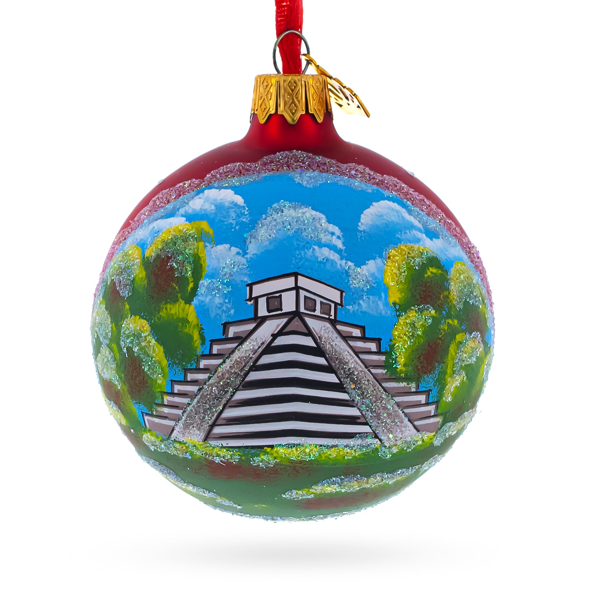 Mayan Pyramid, Mexico Glass Ball Christmas Ornament 3.25 Inches in Blue color Round