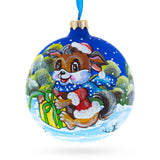 Puppy Unwrapping a Surprise Glass Ball Christmas Ornament 4 Inches in Blue color Round