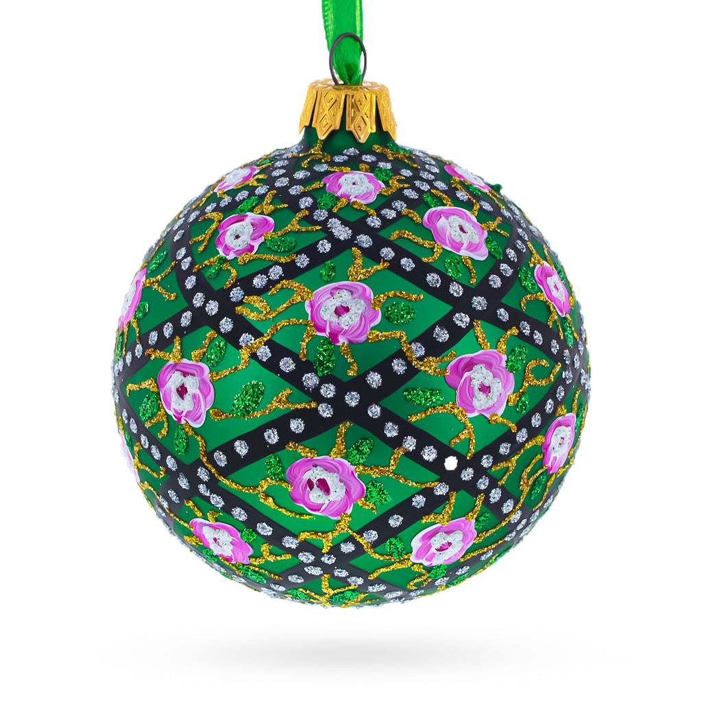 1907 Rose Trellis Royal Green Glass Ball Christmas Ornament 3.25 Inches in Green color Round