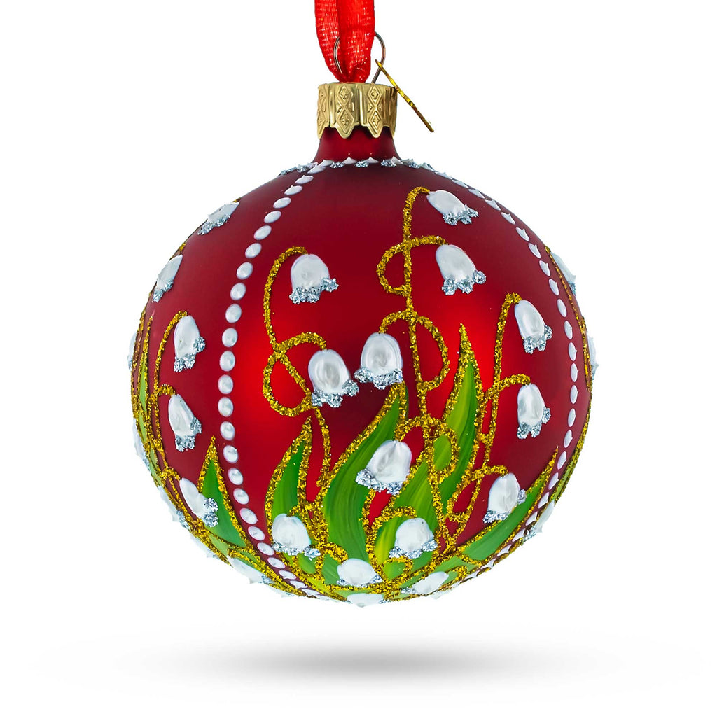 1898 Lilies of the Valley Royal Glass Ball Christmas Ornament 3.25 Inches in Red color Round