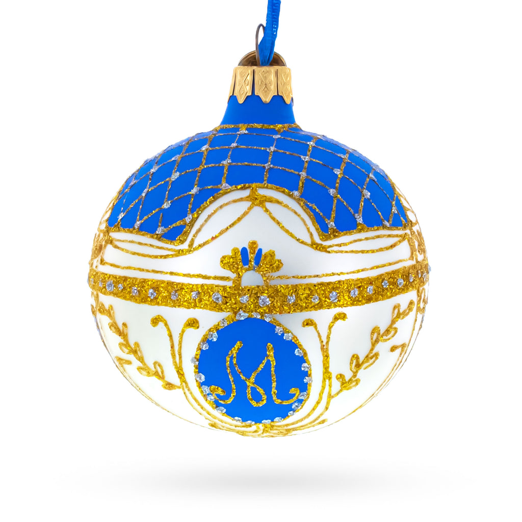 1903 Royal Danish White Glass Ball Christmas Ornament 3.25 Inches in Blue color Round