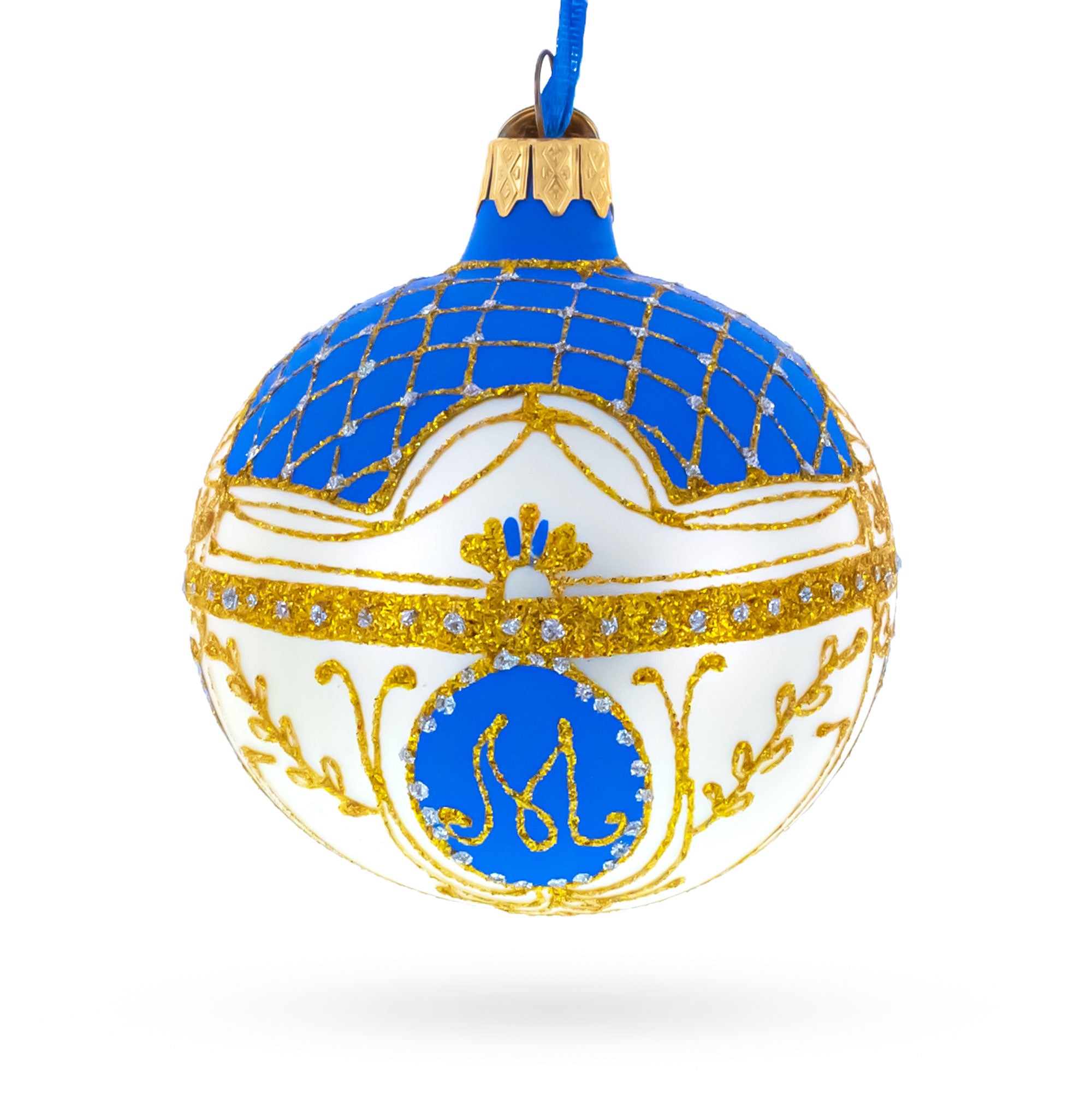 1903 Royal Danish White Glass Ball Christmas Ornament 3.25 Inches in Blue color Round