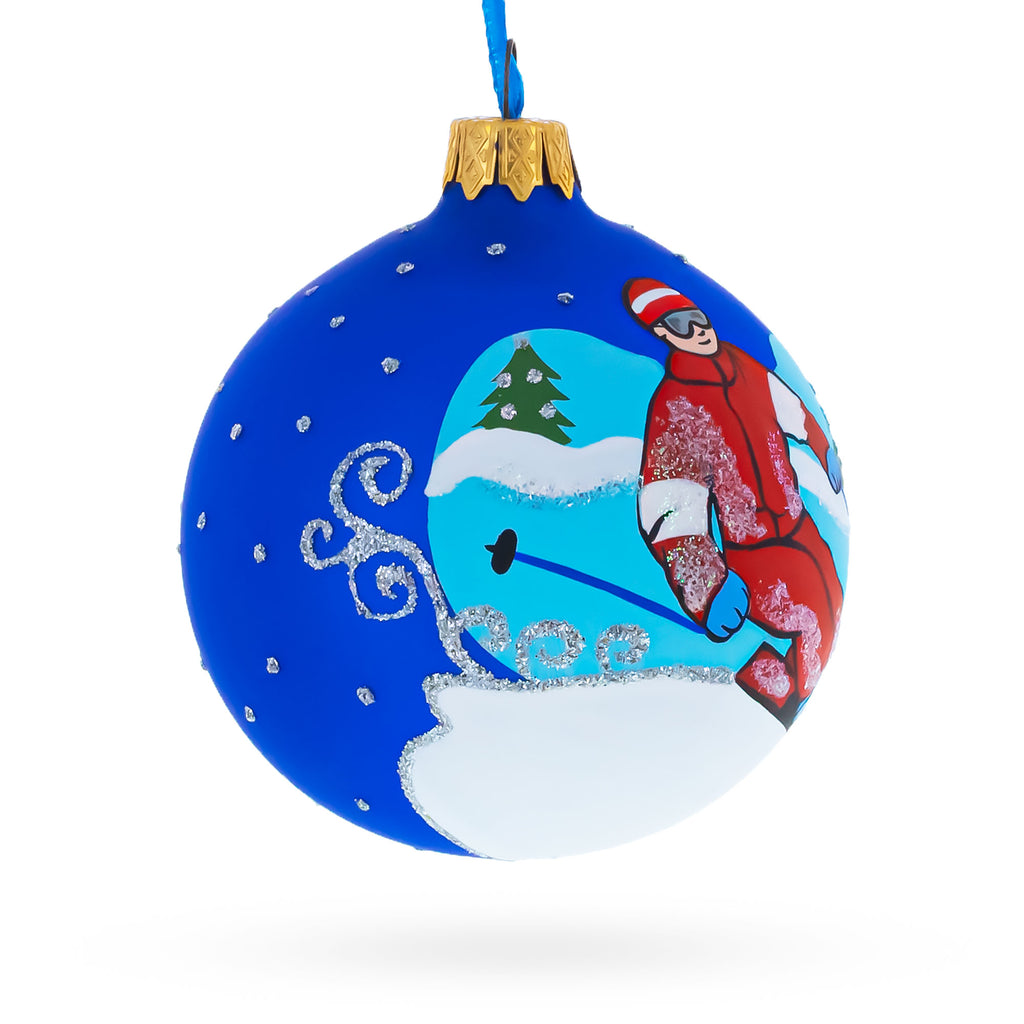 Winter Wonderland Skiing Blue Glass Ball Christmas Ornament 3.25 InchesUkraine , dimensions in inches: 3.25 x 3.25 x 3.25