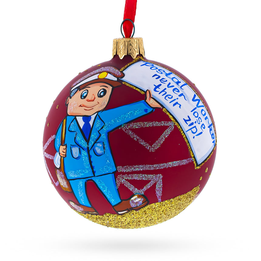 Mail Carrier Glass Ball Christmas Ornament 3.25 Inches in Red color Round