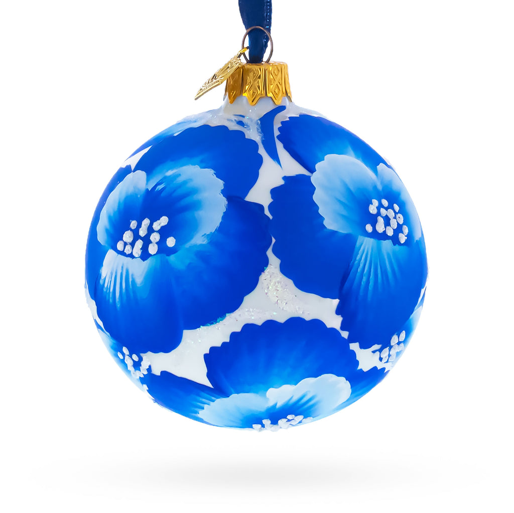 Pansies Flowers on White Glass Ball Christmas Ornament 3.25 Inches in Blue color Round
