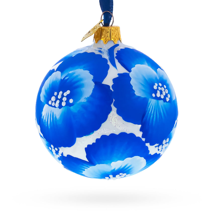 Pansies Flowers on White Glass Ball Christmas Ornament 3.25 Inches in Blue color Round