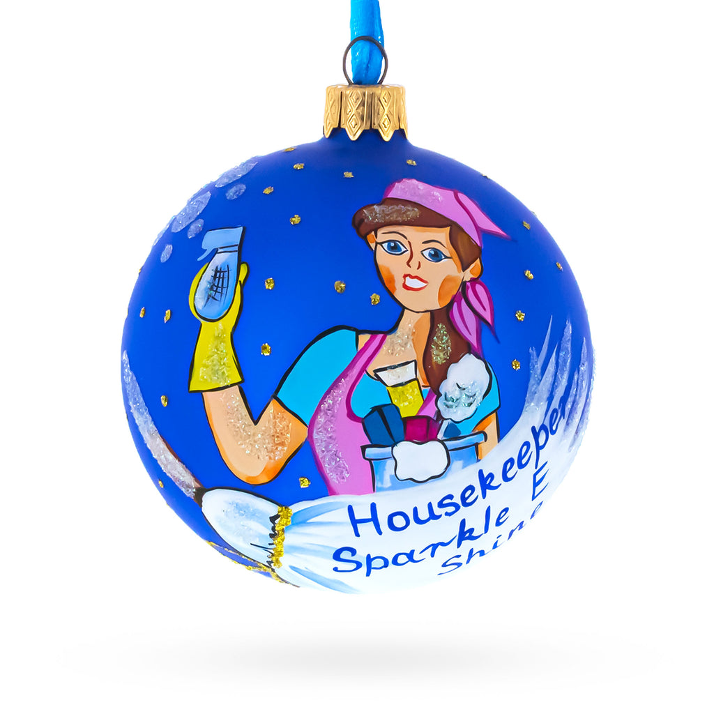 Housekeeper (Maid) Glass Ball Christmas Ornament 3.25 Inches in Blue color Round
