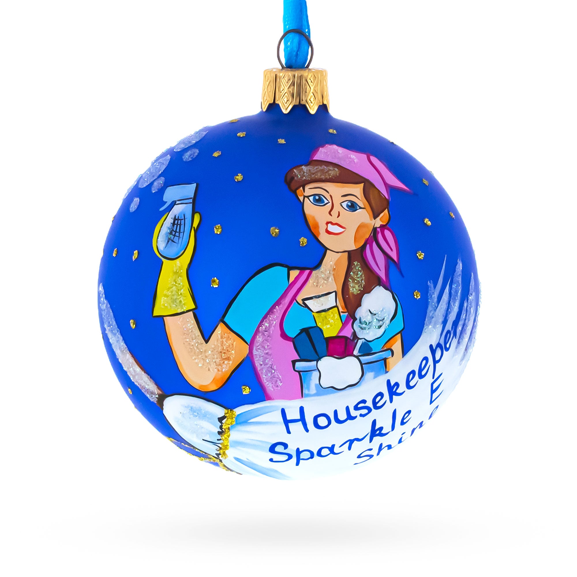 Housekeeper (Maid) Glass Ball Christmas Ornament 3.25 Inches in Blue color Round