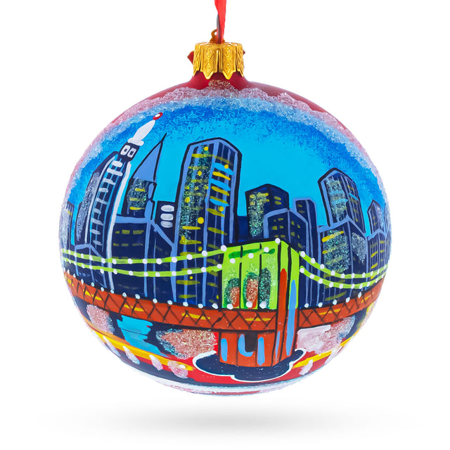 Brooklyn Bridge, New York Glass Ball Christmas Ornament 4 Inches in Blue color Round