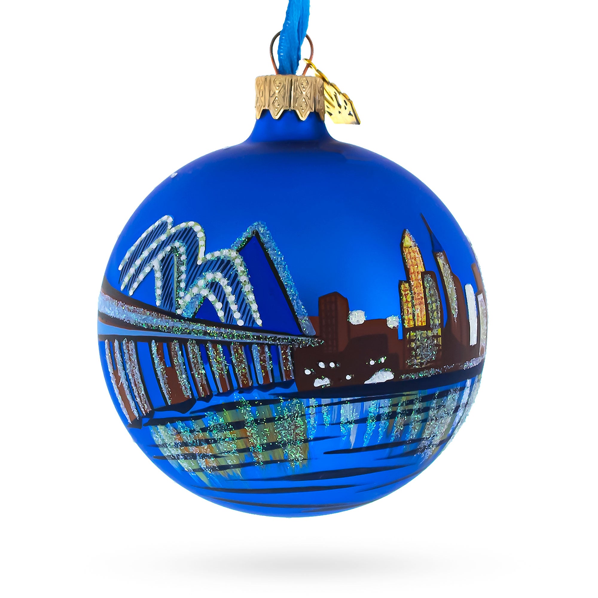 Memphis at Night, Tennessee Glass Ball Christmas Ornament 3.25 Inches in Blue color Round
