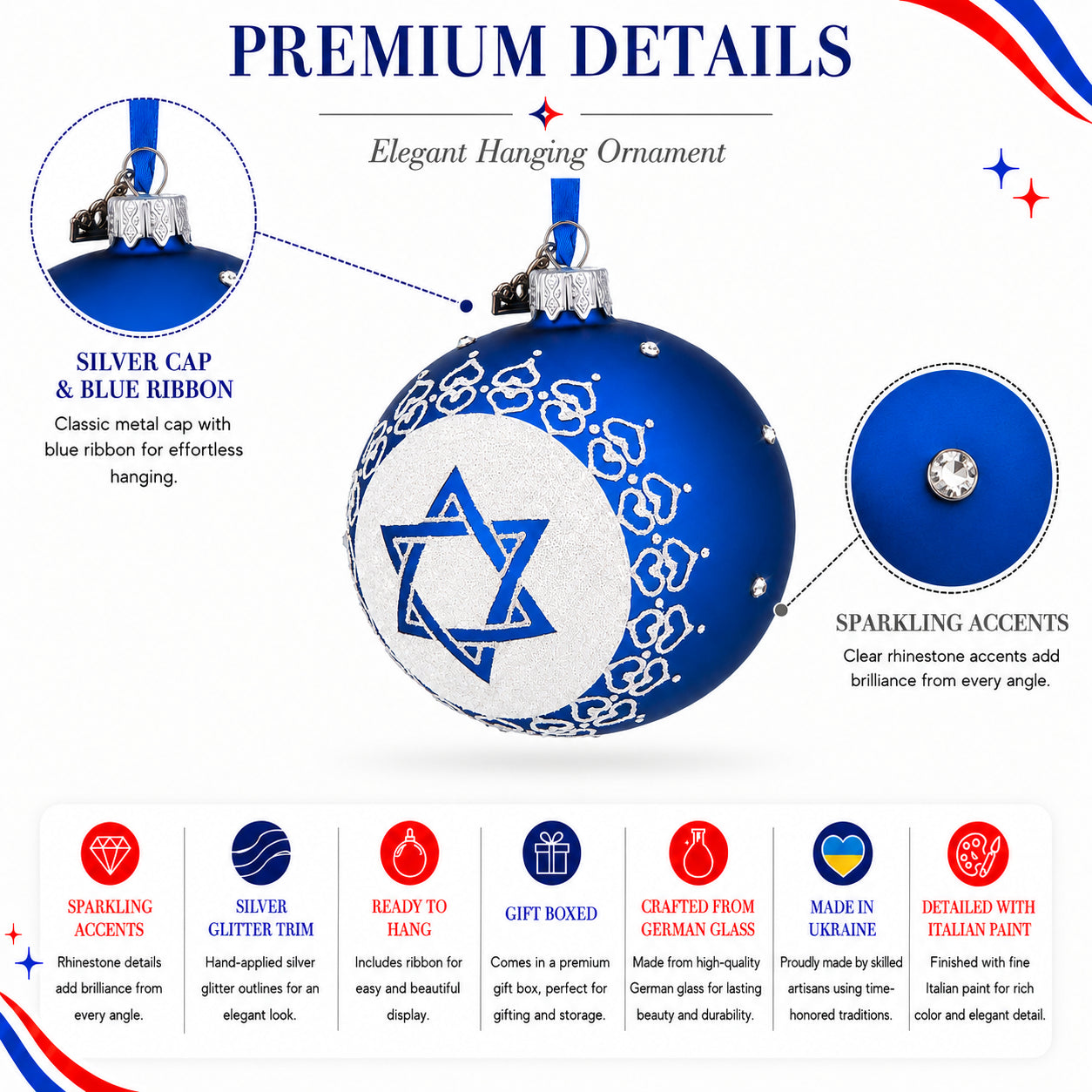 BestPysanky online gift shop sells star david jewish glass ball ornament christmas ornaments religious blue cm material crafted german creation method mouth blown hand painted finish detailed italian paint accent enhanced colorful ribbon hanging design styled usa manufacturing