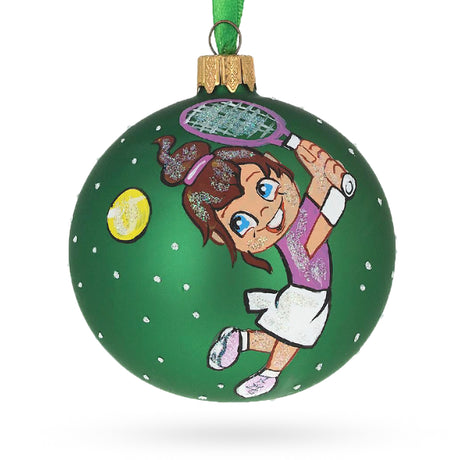 Young Athlete: Girl Playing Tennis - Blown Glass Ball Christmas Ornament 3.25 Inches in Green color, Round shape
