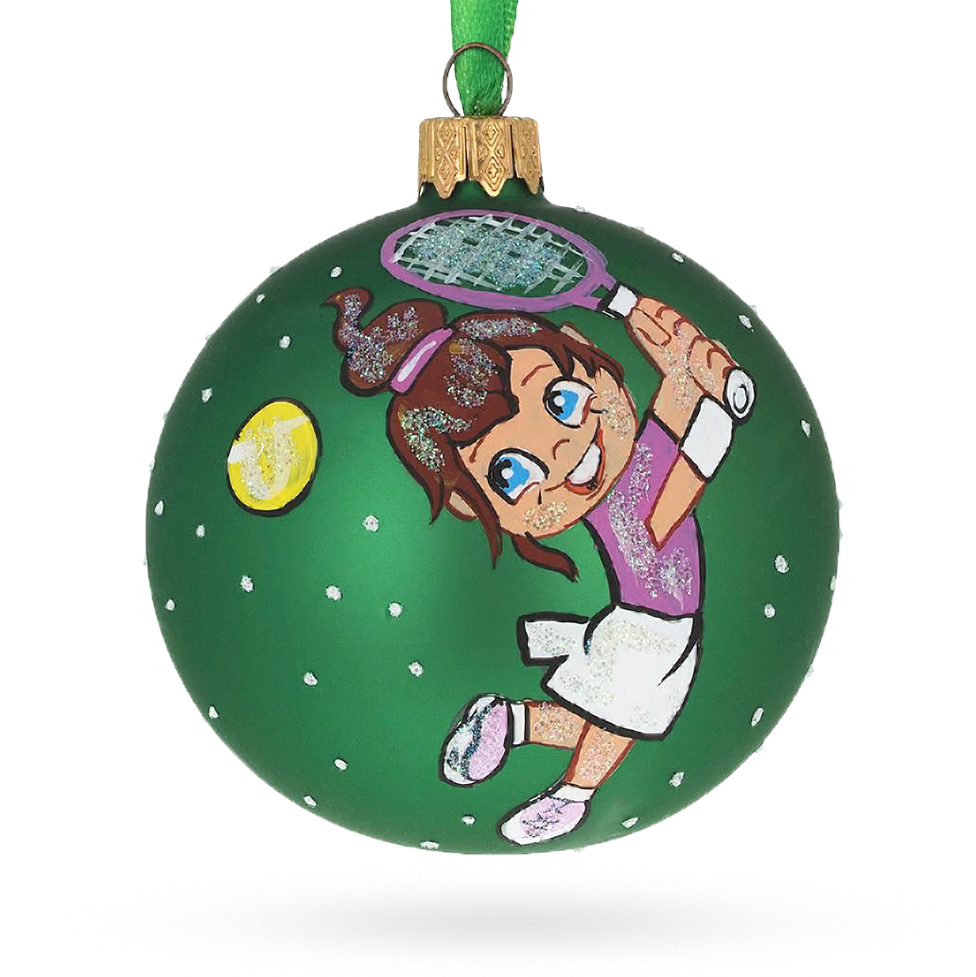 Girl Playing Tennis Glass Ball Christmas Ornament 3.25 Inches in Green color Round
