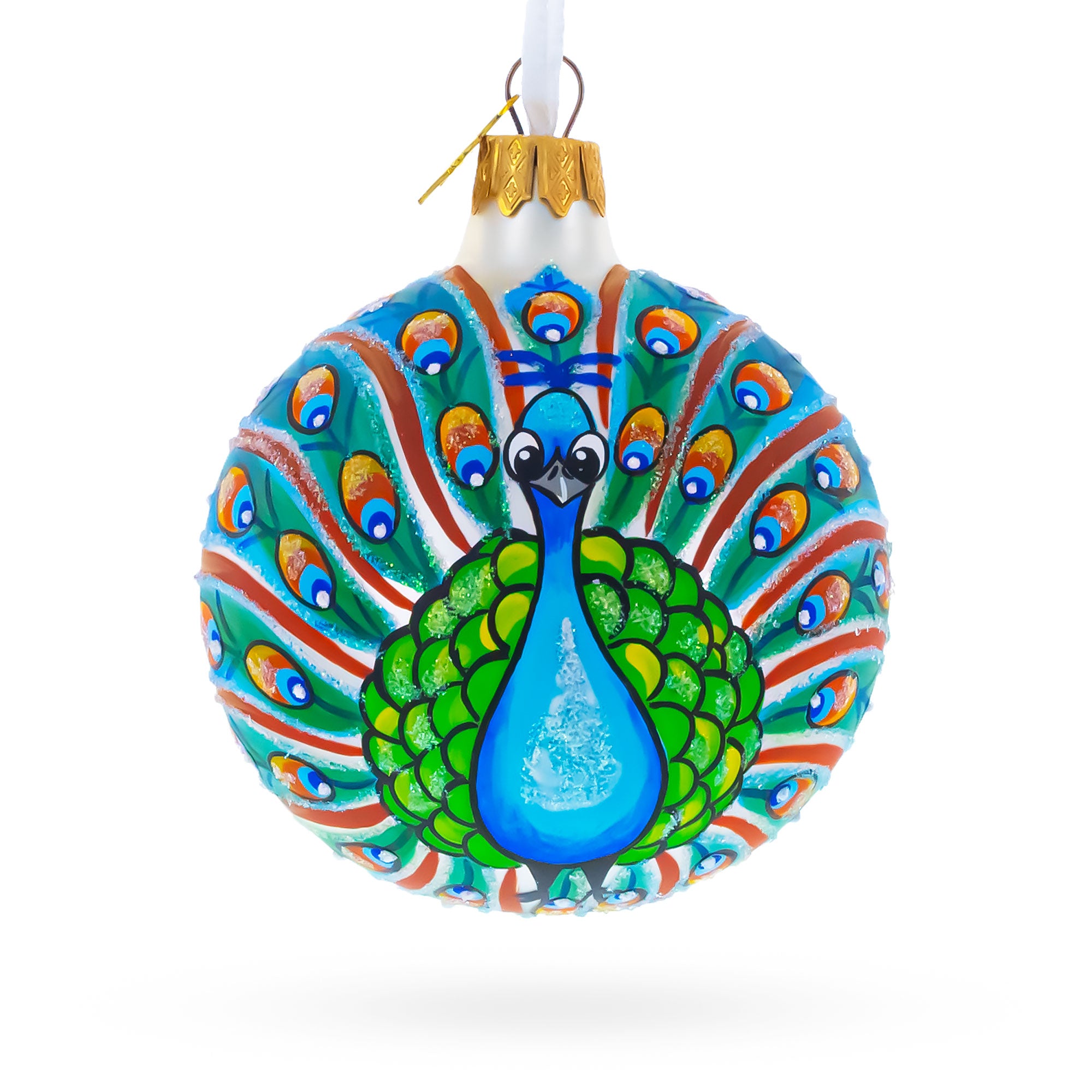 Peacock Glittered Glass Ball Christmas Ornament 3.25 Inches in Blue color Round