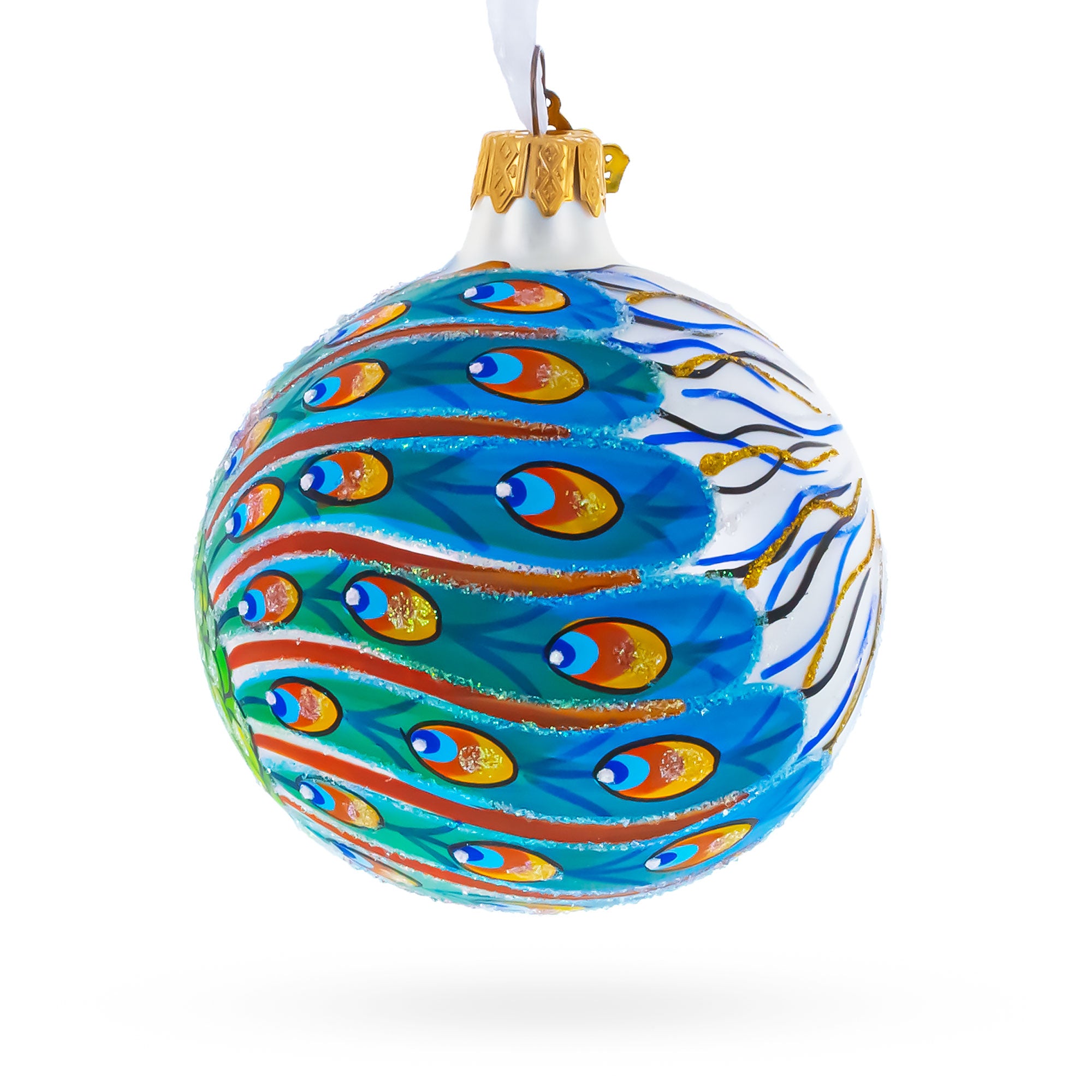 Peacock Glittered Glass Ball Christmas Ornament 3.25 InchesUkraine , dimensions in inches: 3.25 x 3.25 x 3.25