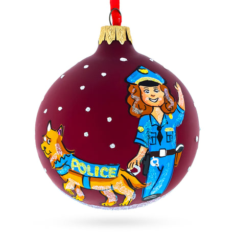 Dedicated K-9 Police Officer with Dog - Blown Glass Ball Christmas Ornament 3.25 Inches in Red color, Round shape