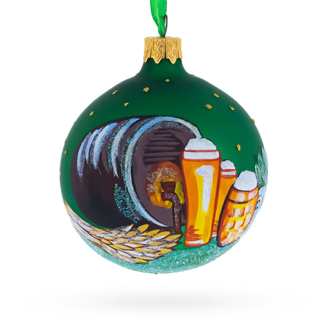 Beer Barrel Glass Ball Christmas Ornament 3.25 Inches in Green color Round