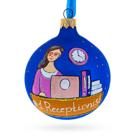 Desk & Diplomacy: Receptionist - Office Secretary Blown Glass Ball Christmas Ornament 3.25 Inches in Blue color, Round shape