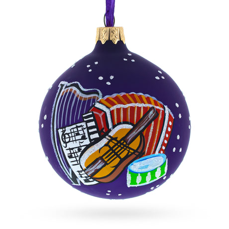 Melodic Symphony: Blown Glass Ball Music Instruments Christmas Ornament 3.25 Inches in Purple color, Round shape