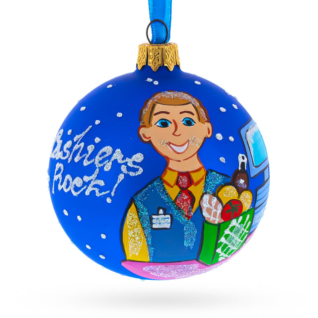 Checkout Cheer: Cashier Blown Glass Ball Christmas Ornament 3.25 Inches in Blue color, Round shape