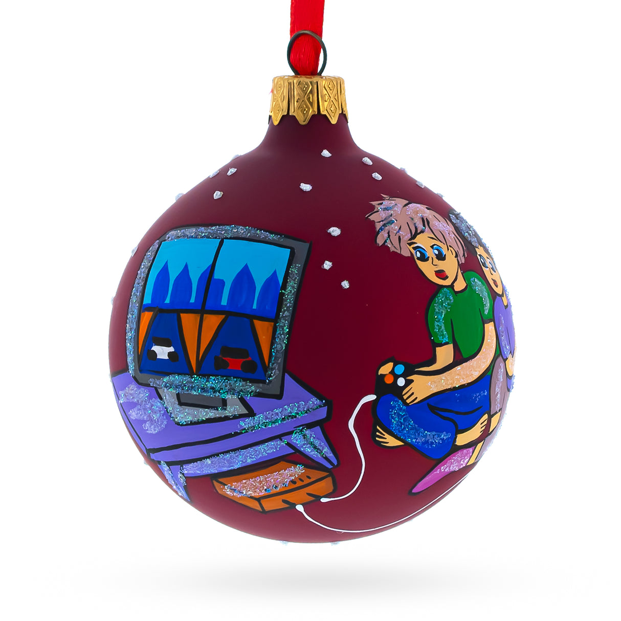 Pixel Play: Video Gamer Blown Glass Ball Christmas Ornament 3.25 Inches in Red color, Round shape